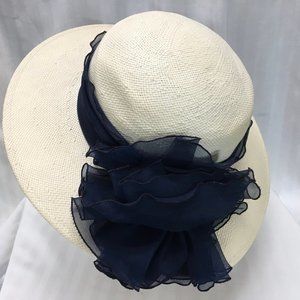 Ivory Importina Straw Sun Hat with Dark Blue Lace Ruffles